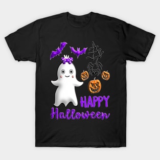 Pumpkin baby girl ghost Kawaii bat spider Happy Halloween violet orange black dots ribbon 3D tridimensional 317 T-Shirt